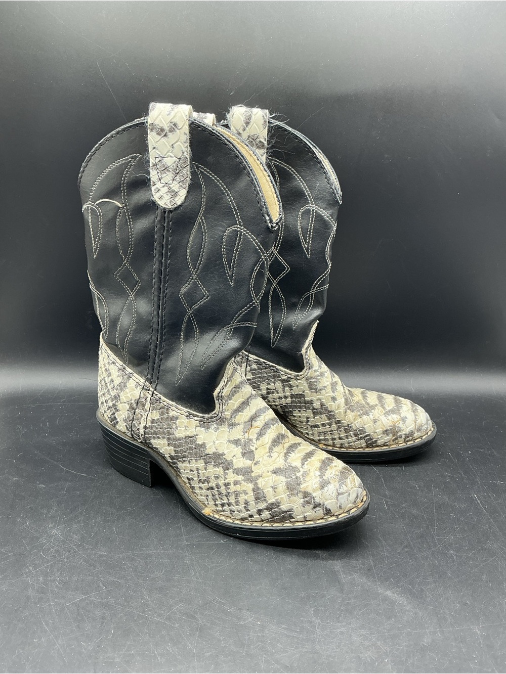 Kids Black and Gray Snake-Print Western Boots Bronco Vintage Y2K